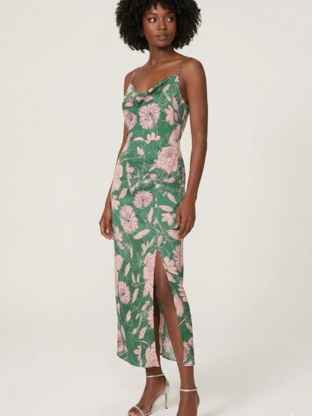 Milly Lillianna Green pink Elegant Floral Print Satin Cocktail Midi Dress Size 8